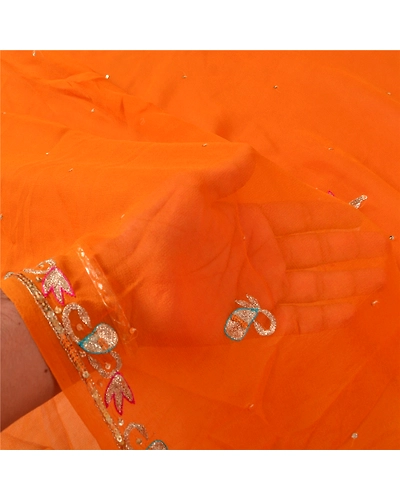 Sanskriti Vintage Bollywood Sarees Pure Georgette Silk Hand Beaded Sari Fabric, PS-61140-Orange-Sequins Work-Pure Georgette Silk-5