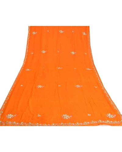 Sanskriti Vintage Bollywood Sarees Pure Georgette Silk Hand Beaded Sari Fabric, PS-61140-Orange-Sequins Work-Pure Georgette Silk-9