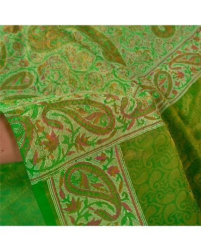 Sanskriti Vintage Green Indian Sarees Art Silk Woven Sari Craft 5 Yard Fabric, PS-61144-Green-Woven Work-Art Silk-5