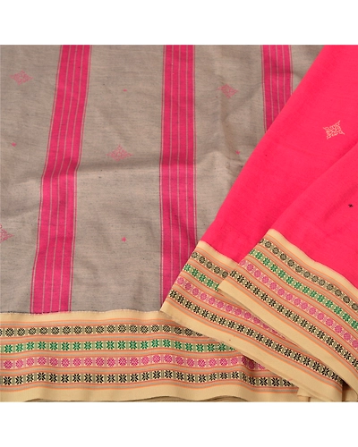 Sanskriti Vintage Pink Sarees Blend Cotton Hand Embroidered Sindhi Sari Fabric, PS-61150-Pink-Thread Work-Blend Cotton-2