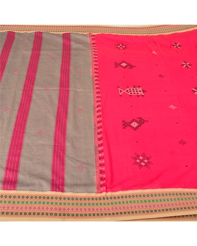 Sanskriti Vintage Pink Sarees Blend Cotton Hand Embroidered Sindhi Sari Fabric, PS-61150-Pink-Thread Work-Blend Cotton-4