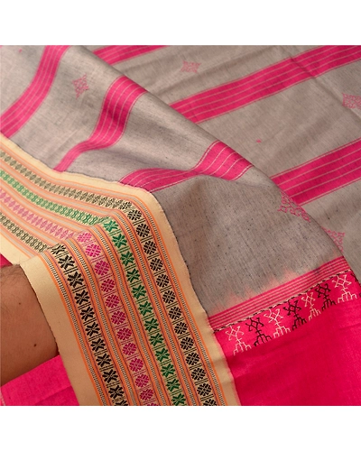 Sanskriti Vintage Pink Sarees Blend Cotton Hand Embroidered Sindhi Sari Fabric, PS-61150-Pink-Thread Work-Blend Cotton-5