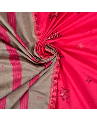 Sanskriti Vintage Pink Sarees Blend Cotton Hand Embroidered Sindhi Sari Fabric, PS-61150-Pink-Thread Work-Blend Cotton-7