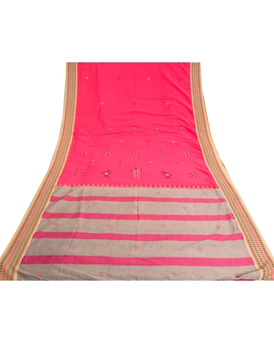 Sanskriti Vintage Pink Sarees Blend Cotton Hand Embroidered Sindhi Sari Fabric, PS-61150-Pink-Thread Work-Blend Cotton-9