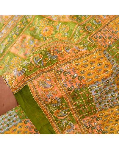 Sanskriti Vintage Green Sarees 100% Pure Silk Hand Beaded Kantha Sari Fabric, PS-61159-Green-Thread Work-Pure Silk-5