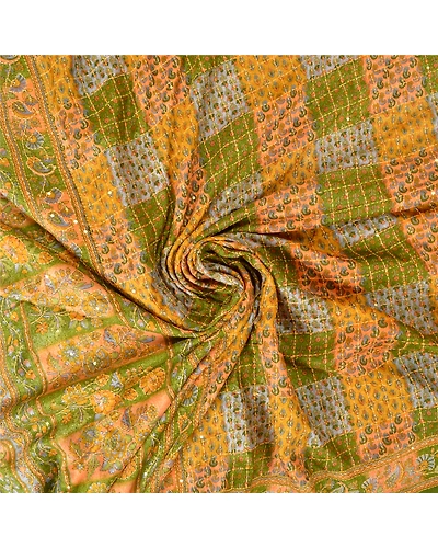 Sanskriti Vintage Green Sarees 100% Pure Silk Hand Beaded Kantha Sari Fabric, PS-61159-Green-Thread Work-Pure Silk-7