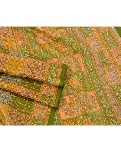 Sanskriti Vintage Green Sarees 100% Pure Silk Hand Beaded Kantha Sari Fabric, PS-61159-Green-Thread Work-Pure Silk-8