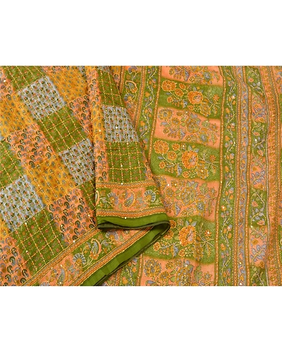 Sanskriti Vintage Green Sarees 100% Pure Silk Hand Beaded Kantha Sari Fabric, PS-61159-Green-Thread Work-Pure Silk-10