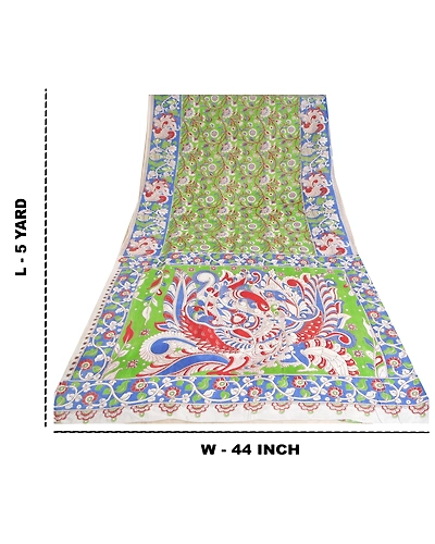 Sanskriti Vintage Green Sarees Cotton Silk Handmade Kalamkari Animal Sari Fabric, PS-61169-Green &amp; Blue-Kalamkari Work-Cotton Silk-1