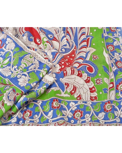 Sanskriti Vintage Green Sarees Cotton Silk Handmade Kalamkari Animal Sari Fabric, PS-61169-Green &amp; Blue-Kalamkari Work-Cotton Silk-2