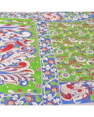 Sanskriti Vintage Green Sarees Cotton Silk Handmade Kalamkari Animal Sari Fabric, PS-61169-Green &amp; Blue-Kalamkari Work-Cotton Silk-4