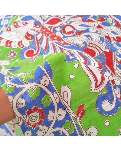 Sanskriti Vintage Green Sarees Cotton Silk Handmade Kalamkari Animal Sari Fabric, PS-61169-Green &amp; Blue-Kalamkari Work-Cotton Silk-5