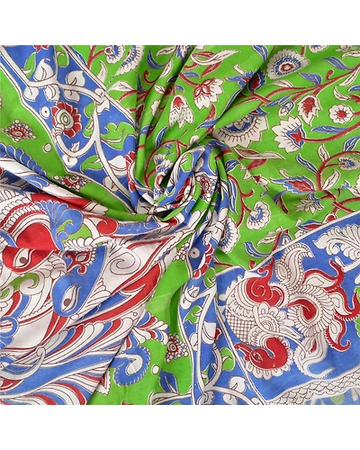 Sanskriti Vintage Green Sarees Cotton Silk Handmade Kalamkari Animal Sari Fabric, PS-61169-Green &amp; Blue-Kalamkari Work-Cotton Silk-7