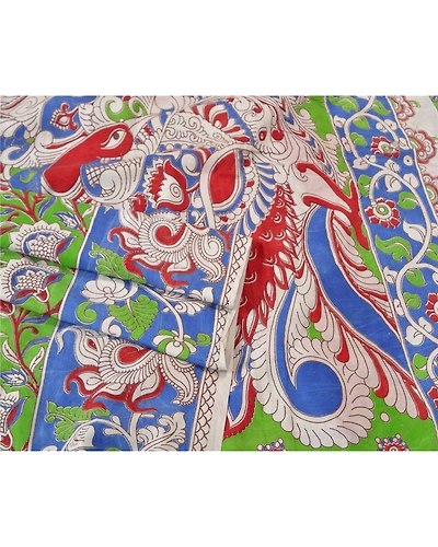 Sanskriti Vintage Green Sarees Cotton Silk Handmade Kalamkari Animal Sari Fabric, PS-61169-Green &amp; Blue-Kalamkari Work-Cotton Silk-8