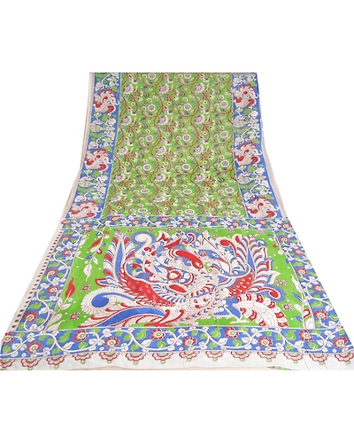 Sanskriti Vintage Green Sarees Cotton Silk Handmade Kalamkari Animal Sari Fabric, PS-61169-Green &amp; Blue-Kalamkari Work-Cotton Silk-9