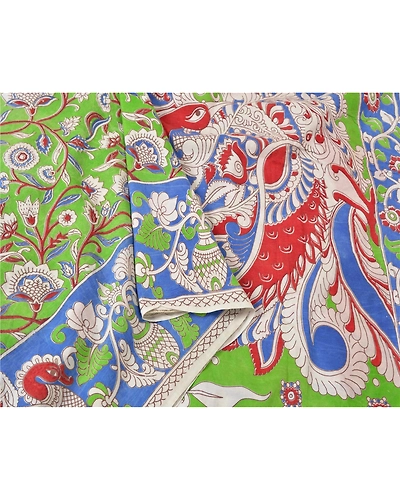 Sanskriti Vintage Green Sarees Cotton Silk Handmade Kalamkari Animal Sari Fabric, PS-61169-Green &amp; Blue-Kalamkari Work-Cotton Silk-10