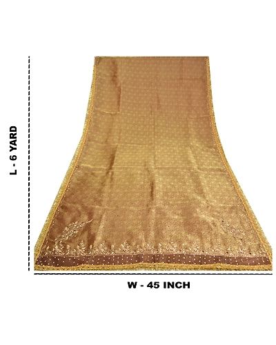 Sanskriti Vintage Golden Brown Sarees Tissue Hand Beaded Woven Sari Fabric, PS-61171-Golden Brown-Woven Work-Tissue-1