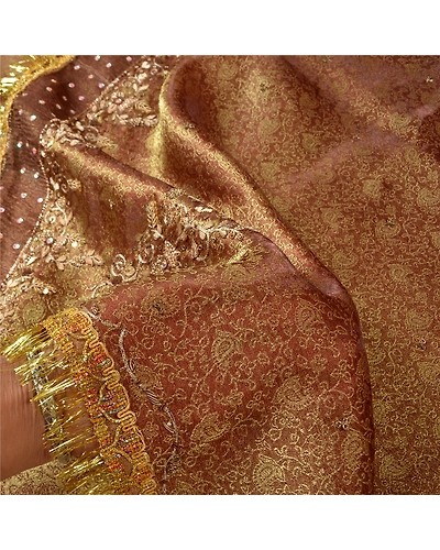 Sanskriti Vintage Golden Brown Sarees Tissue Hand Beaded Woven Sari Fabric, PS-61171-Golden Brown-Woven Work-Tissue-5