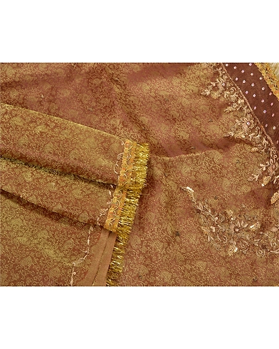 Sanskriti Vintage Golden Brown Sarees Tissue Hand Beaded Woven Sari Fabric, PS-61171-Golden Brown-Woven Work-Tissue-8