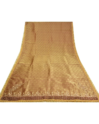Sanskriti Vintage Golden Brown Sarees Tissue Hand Beaded Woven Sari Fabric, PS-61171-Golden Brown-Woven Work-Tissue-9