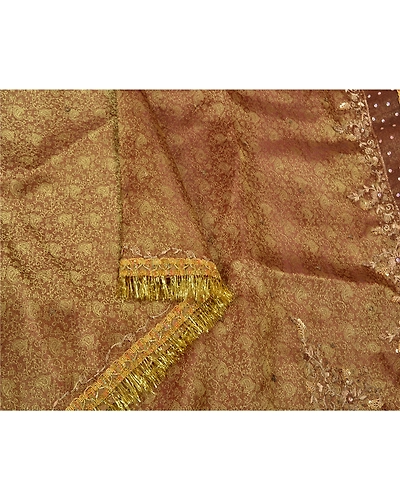 Sanskriti Vintage Golden Brown Sarees Tissue Hand Beaded Woven Sari Fabric, PS-61171-Golden Brown-Woven Work-Tissue-10
