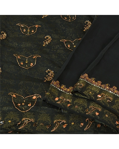 Sanskriti Vintage Bollywood Sarees Pure Georgette Silk Hand Beaded Sari Fabric, PS-61172-Black-Woven Work-Pure Georgette Silk-2