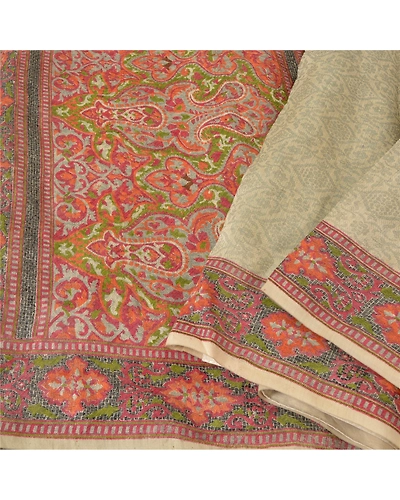 Sanskriti Vintage Ivory Indian Sarees Art Silk Printed Woven Sari Craft Fabric, PS-61175-Ivory-Woven Work-Art Silk-2