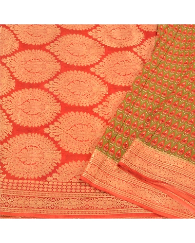 Sanskriti Vintage Green Sarees 100% Pure Silk Woven Printed Sari Craft Fabric, PS-61185-Green &amp; Orange-Woven Work-Pure Silk-2