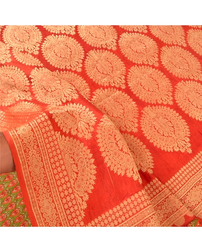 Sanskriti Vintage Green Sarees 100% Pure Silk Woven Printed Sari Craft Fabric, PS-61185-Green &amp; Orange-Woven Work-Pure Silk-5