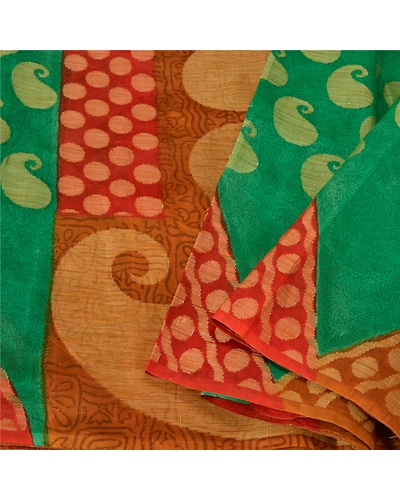 Sanskriti Vintage Green Indian Sarees Pure Silk Printed Woven Sari Craft Fabric, PS-61196-Green &amp; Orange-Woven Work-Pure Silk-2
