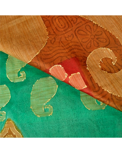 Sanskriti Vintage Green Indian Sarees Pure Silk Printed Woven Sari Craft Fabric, PS-61196-Green &amp; Orange-Woven Work-Pure Silk-3