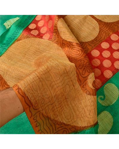 Sanskriti Vintage Green Indian Sarees Pure Silk Printed Woven Sari Craft Fabric, PS-61196-Green &amp; Orange-Woven Work-Pure Silk-5