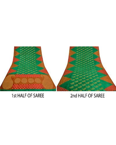 Sanskriti Vintage Green Indian Sarees Pure Silk Printed Woven Sari Craft Fabric, PS-61196-Green &amp; Orange-Woven Work-Pure Silk-6