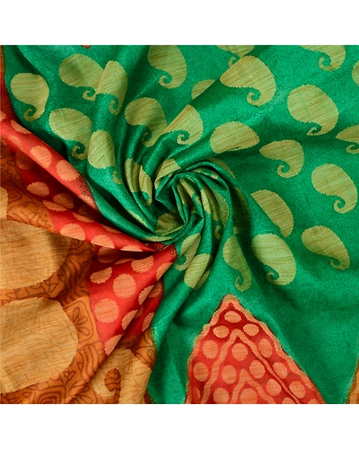 Sanskriti Vintage Green Indian Sarees Pure Silk Printed Woven Sari Craft Fabric, PS-61196-Green &amp; Orange-Woven Work-Pure Silk-7