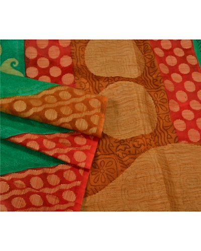 Sanskriti Vintage Green Indian Sarees Pure Silk Printed Woven Sari Craft Fabric, PS-61196-Green &amp; Orange-Woven Work-Pure Silk-8