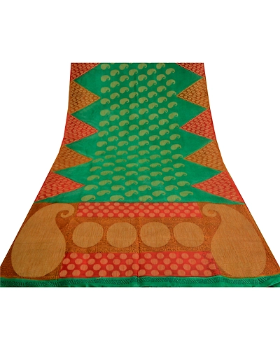 Sanskriti Vintage Green Indian Sarees Pure Silk Printed Woven Sari Craft Fabric, PS-61196-Green &amp; Orange-Woven Work-Pure Silk-9