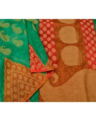 Sanskriti Vintage Green Indian Sarees Pure Silk Printed Woven Sari Craft Fabric, PS-61196-Green &amp; Orange-Woven Work-Pure Silk-10