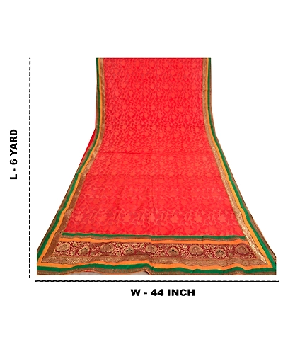 Sanskriti Vintage Red Sarees Net Mesh Embroidered Woven Ethnic Sari Craft Fabric, PS-61207-Red-Woven Work-Net Mesh-1