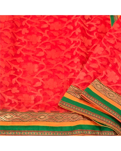 Sanskriti Vintage Red Sarees Net Mesh Embroidered Woven Ethnic Sari Craft Fabric, PS-61207-Red-Woven Work-Net Mesh-2