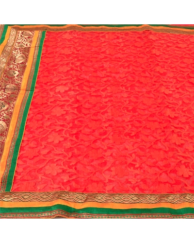 Sanskriti Vintage Red Sarees Net Mesh Embroidered Woven Ethnic Sari Craft Fabric, PS-61207-Red-Woven Work-Net Mesh-4