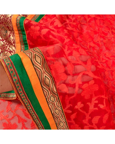 Sanskriti Vintage Red Sarees Net Mesh Embroidered Woven Ethnic Sari Craft Fabric, PS-61207-Red-Woven Work-Net Mesh-5