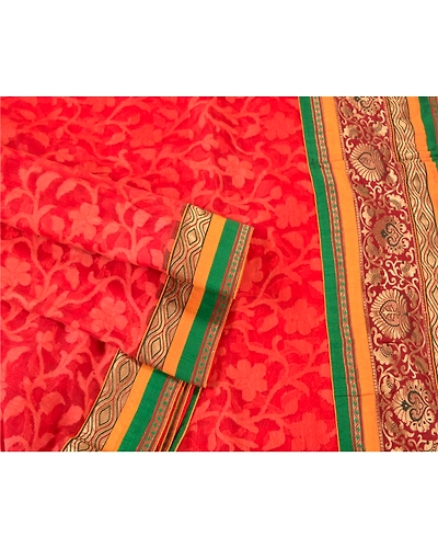 Sanskriti Vintage Red Sarees Net Mesh Embroidered Woven Ethnic Sari Craft Fabric, PS-61207-Red-Woven Work-Net Mesh-8