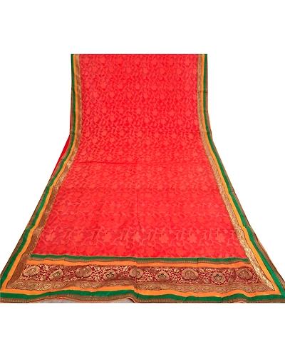 Sanskriti Vintage Red Sarees Net Mesh Embroidered Woven Ethnic Sari Craft Fabric, PS-61207-Red-Woven Work-Net Mesh-9