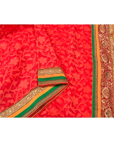 Sanskriti Vintage Red Sarees Net Mesh Embroidered Woven Ethnic Sari Craft Fabric, PS-61207-Red-Woven Work-Net Mesh-10