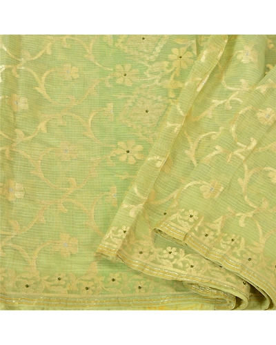 Sanskriti Vintage Green Sarees Cotton Silk Hand Beaded Woven Kota Sari Fabric, PS-61210-Green-Woven Work-Cotton Silk-2