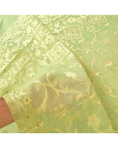 Sanskriti Vintage Green Sarees Cotton Silk Hand Beaded Woven Kota Sari Fabric, PS-61210-Green-Woven Work-Cotton Silk-5