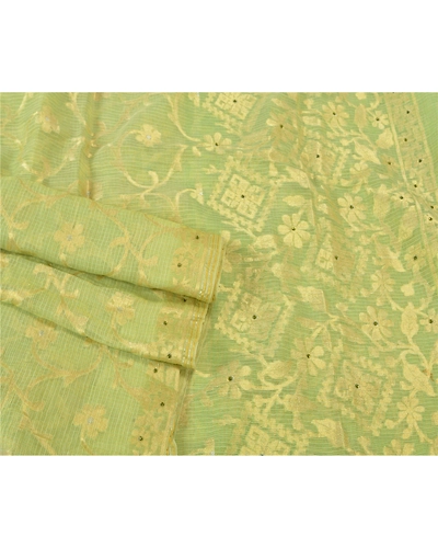 Sanskriti Vintage Green Sarees Cotton Silk Hand Beaded Woven Kota Sari Fabric, PS-61210-Green-Woven Work-Cotton Silk-8