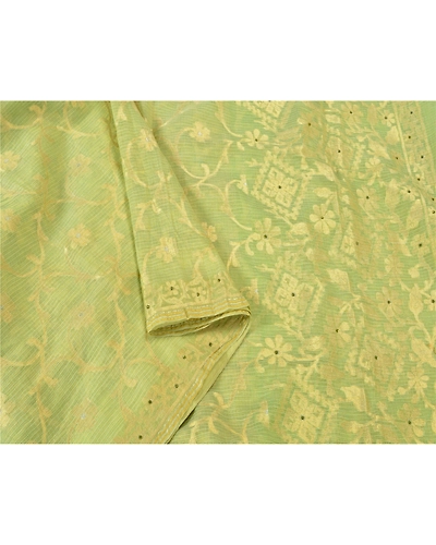 Sanskriti Vintage Green Sarees Cotton Silk Hand Beaded Woven Kota Sari Fabric, PS-61210-Green-Woven Work-Cotton Silk-10
