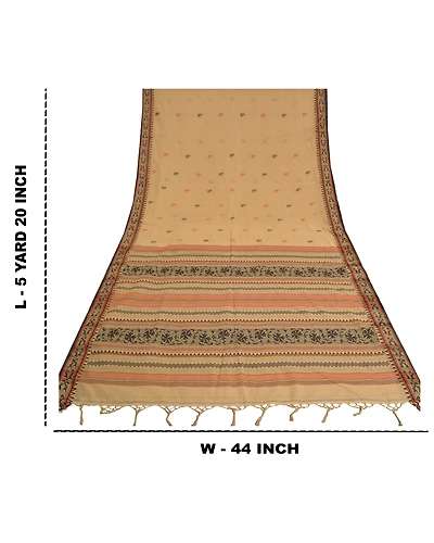 Sanskriti Vintage Beige Indian Sarees 100% Pure Cotton Woven Premium Sari Fabric, PS-61214-Beige-Woven Work-Pure Cotton-1