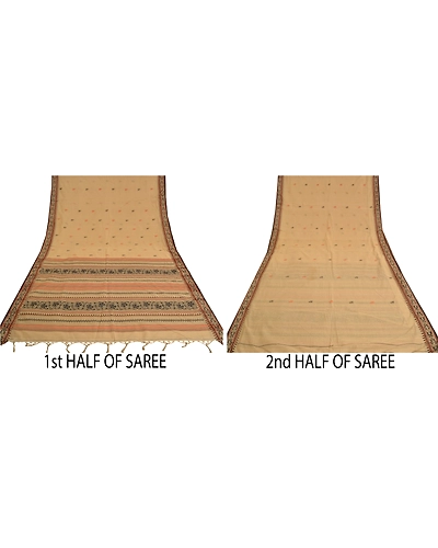 Sanskriti Vintage Beige Indian Sarees 100% Pure Cotton Woven Premium Sari Fabric, PS-61214-Beige-Woven Work-Pure Cotton-6